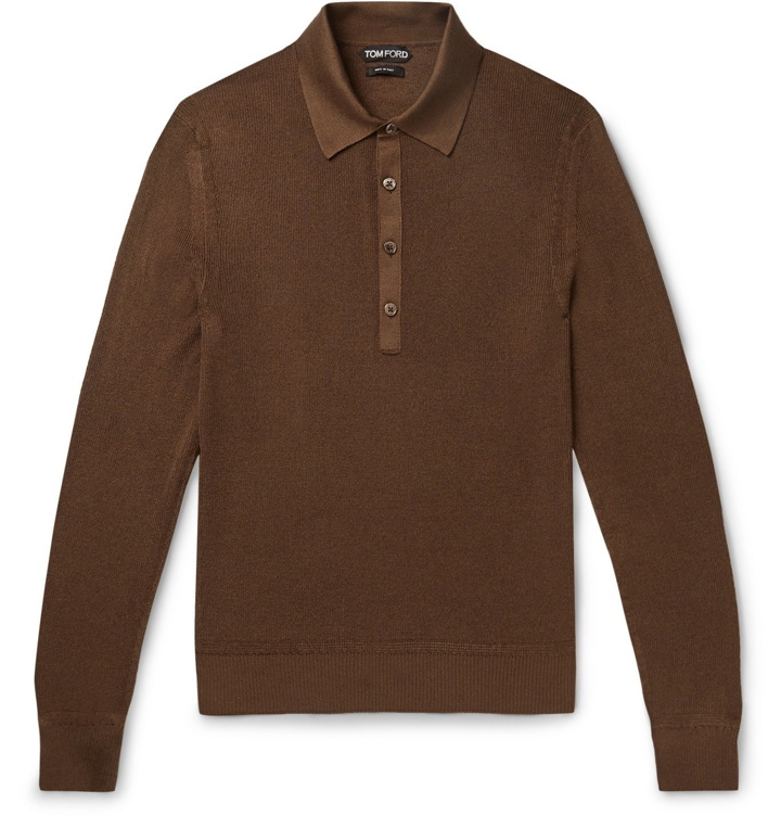 Photo: TOM FORD - Slim-Fit Satin-Trimmed Ribbed Silk-Blend Polo Shirt - Brown