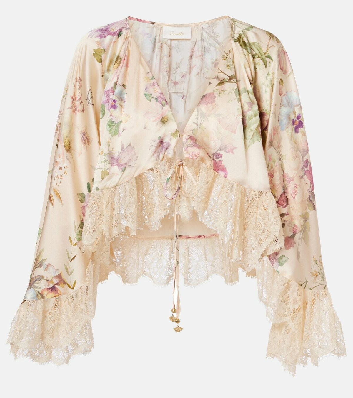 Camilla Lace-trimmed floral silk crop top