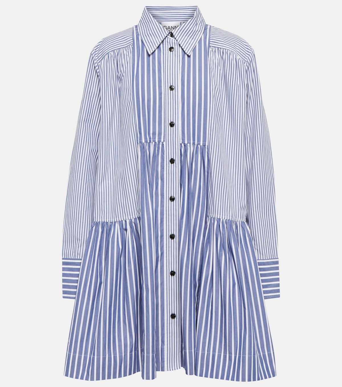 ganni blue and white striped dress Ganni Striped Cotton Puff Sleeve Dress