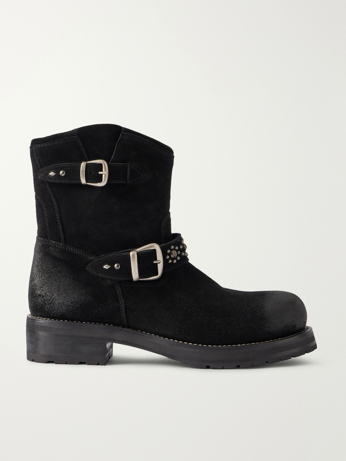 SECOND / LAYER - 8" Rider Studded Suede Biker Boots - Black