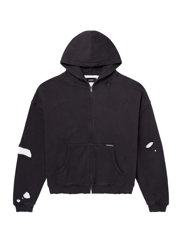 Photo: NAHMIAS - Distressed Cotton-Jersey Zip-Up Hoodie - Black