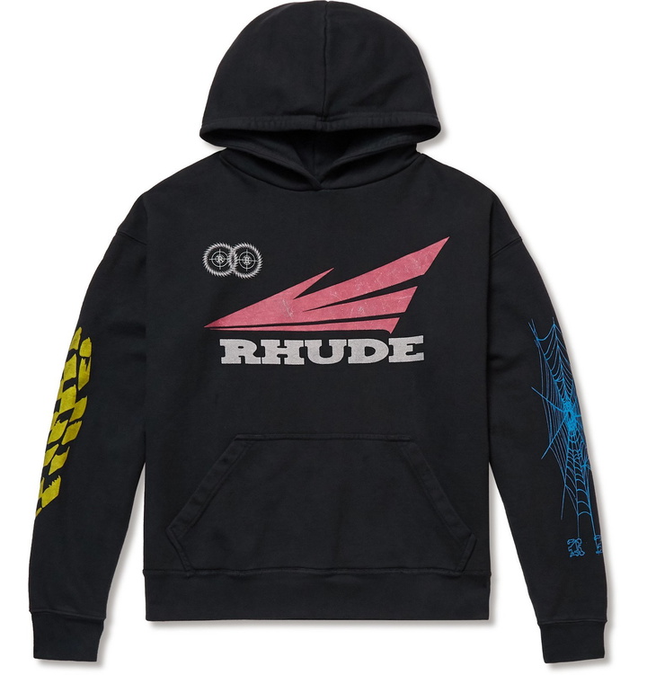 Photo: Rhude - Printed Loopback Cotton-Jersey Hoodie - Black