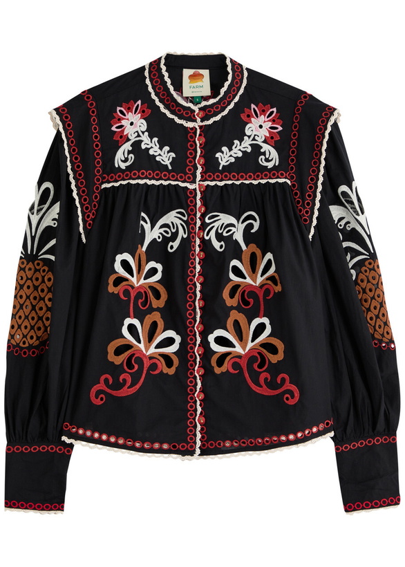 Photo: Farm Rio Broderie-anglaise Cotton Blouse Black