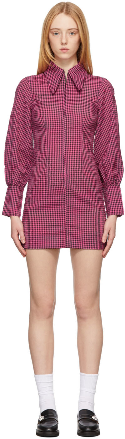 GANNI Pink & Black 3/4 Zip Seersucker Mini Dress GANNI