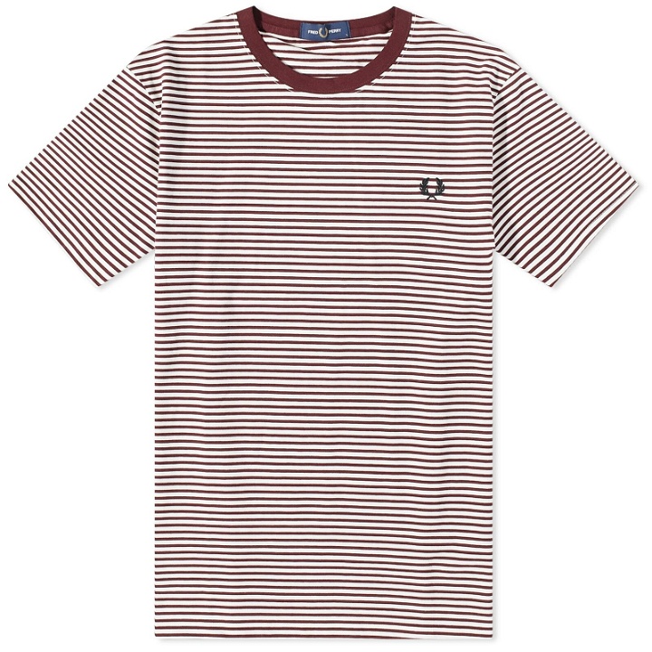 Photo: Fred Perry Men's Fine Stripe T-Shirt in Oxblood/Ecru