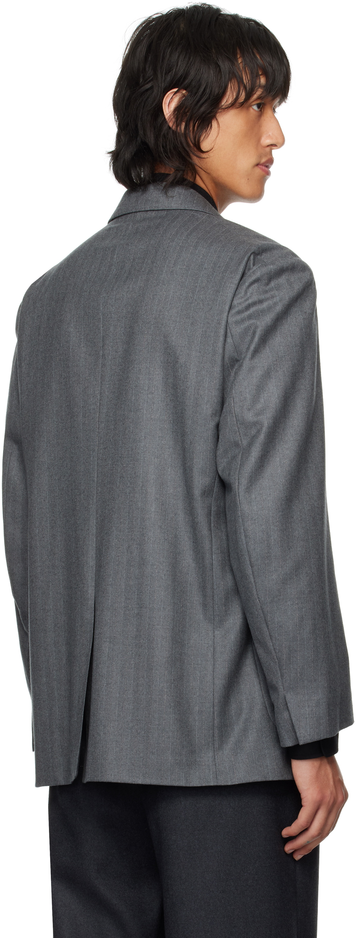 AURALEE Gray Wool Fulling Flannel Stripe Blazer Auralee