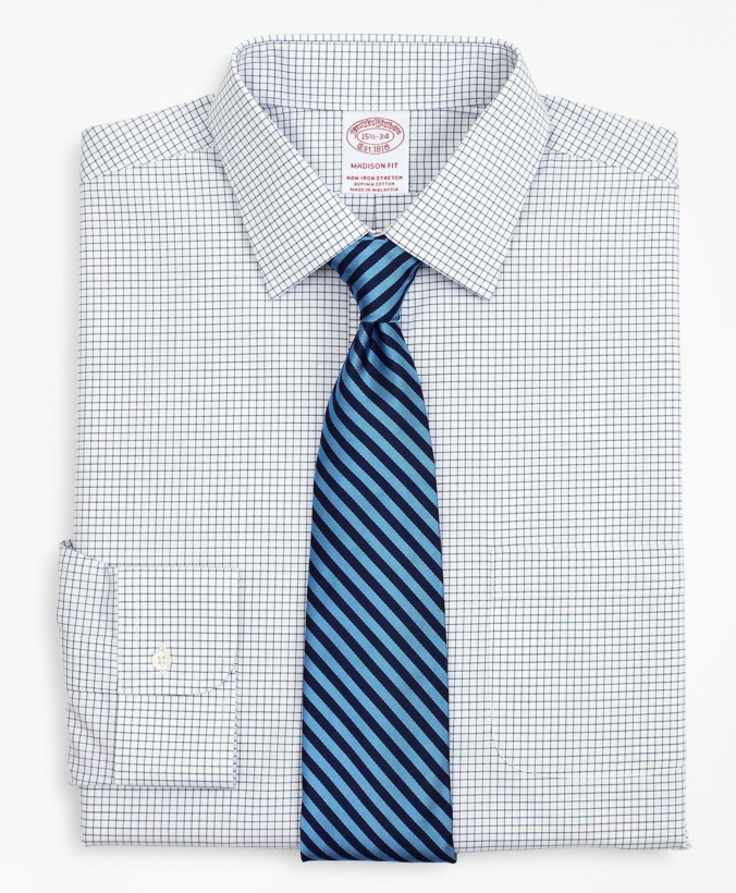 Photo: Brooks Brothers Men's Stretch Madison Relaxed-Fit Dress Shirt, Non-Iron Poplin Ainsley Collar Small Grid Check | Navy