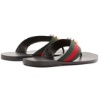 Gucci - Logo-Embellished Striped Webbing and Leather Flip Flops - Black