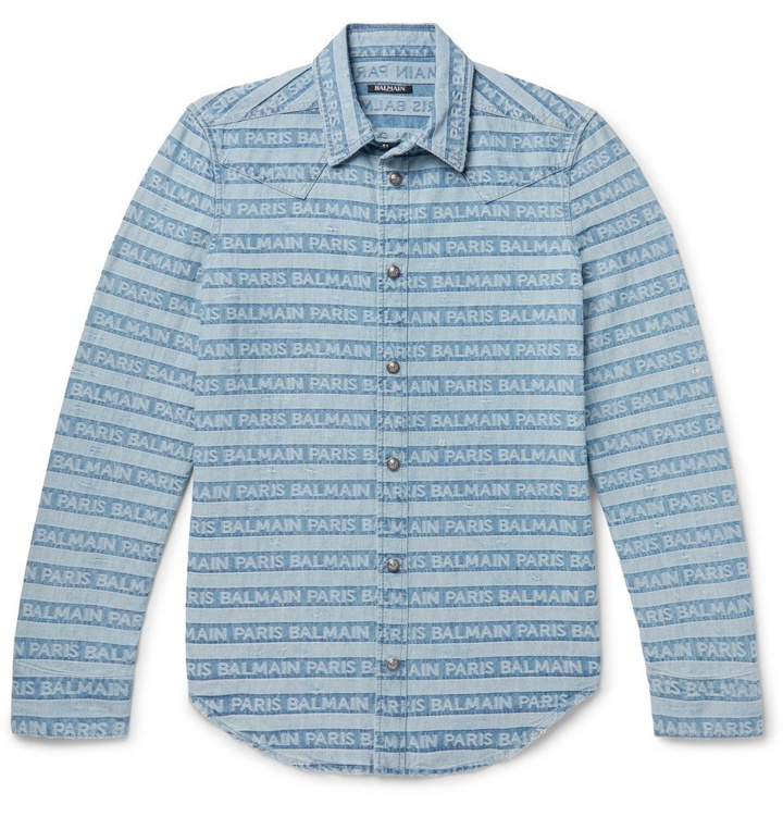 Photo: Balmain - Slim-Fit Logo-Jacquard Distressed Denim Western Shirt - Blue