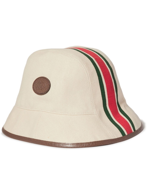 Photo: GUCCI - Leather-Trimmed Striped Linen-Canvas Bucket Hat - Neutrals