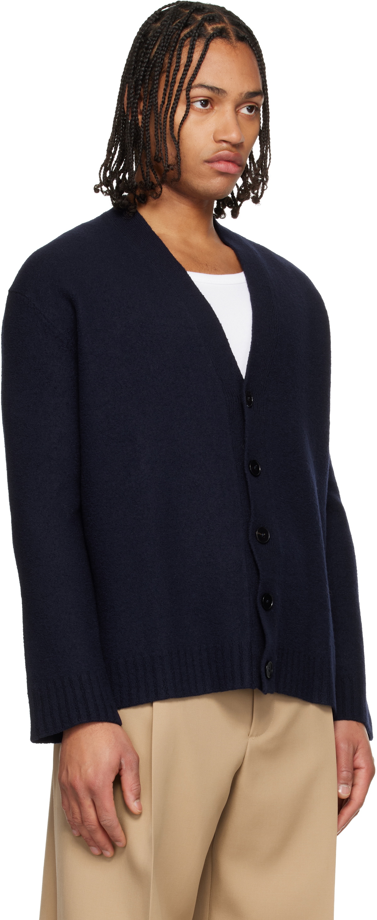 Jil Sander Navy Wool V-Neck Cardigan Jil Sander