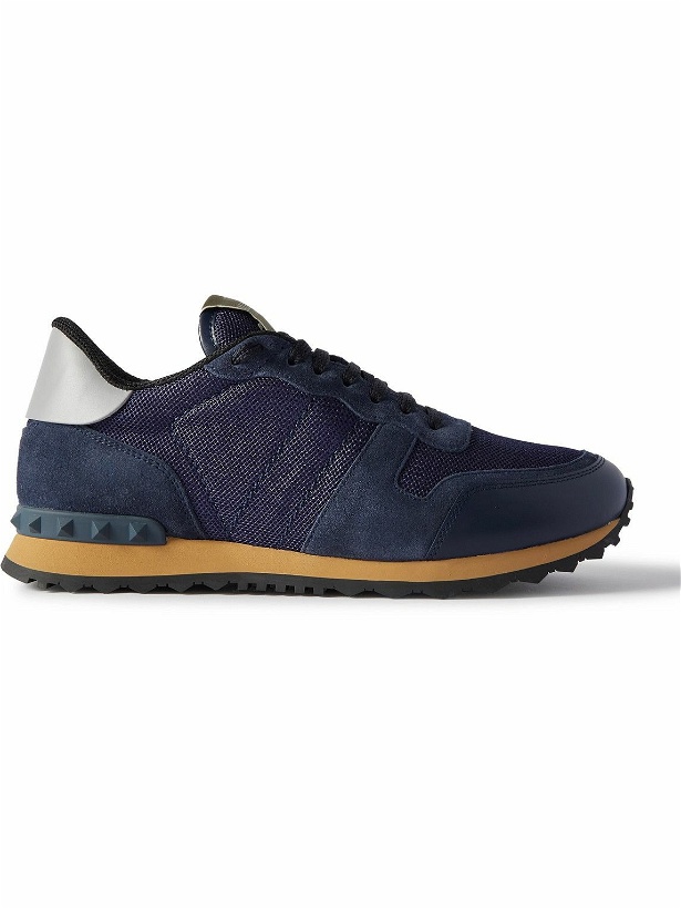 Photo: Valentino Garavani - Rockrunner Suede, Leather and Mesh Sneakers - Blue