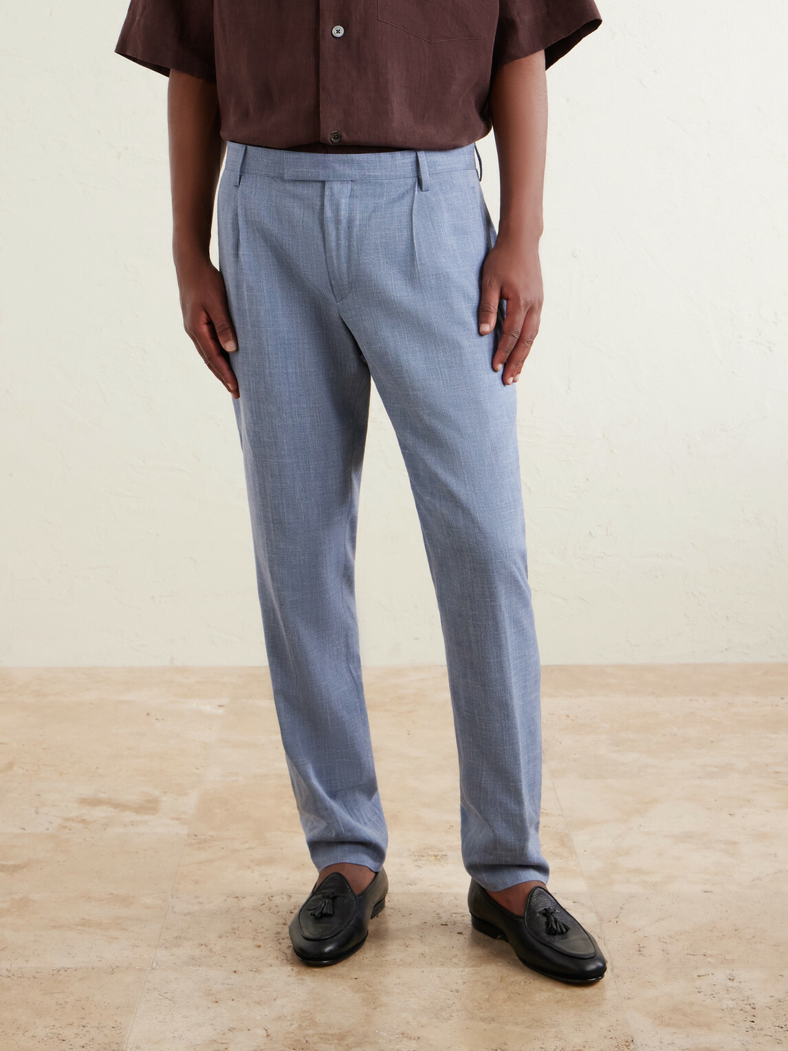 Mr P. - Straight-Leg Pleated Wool, Silk and Linen-Blend Suit Trousers - Blue