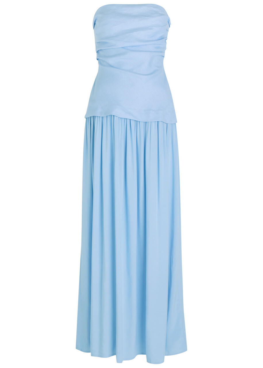 Faithfull The Brand Hedy Draped Linen and Jersey Maxi Dress Light Blue