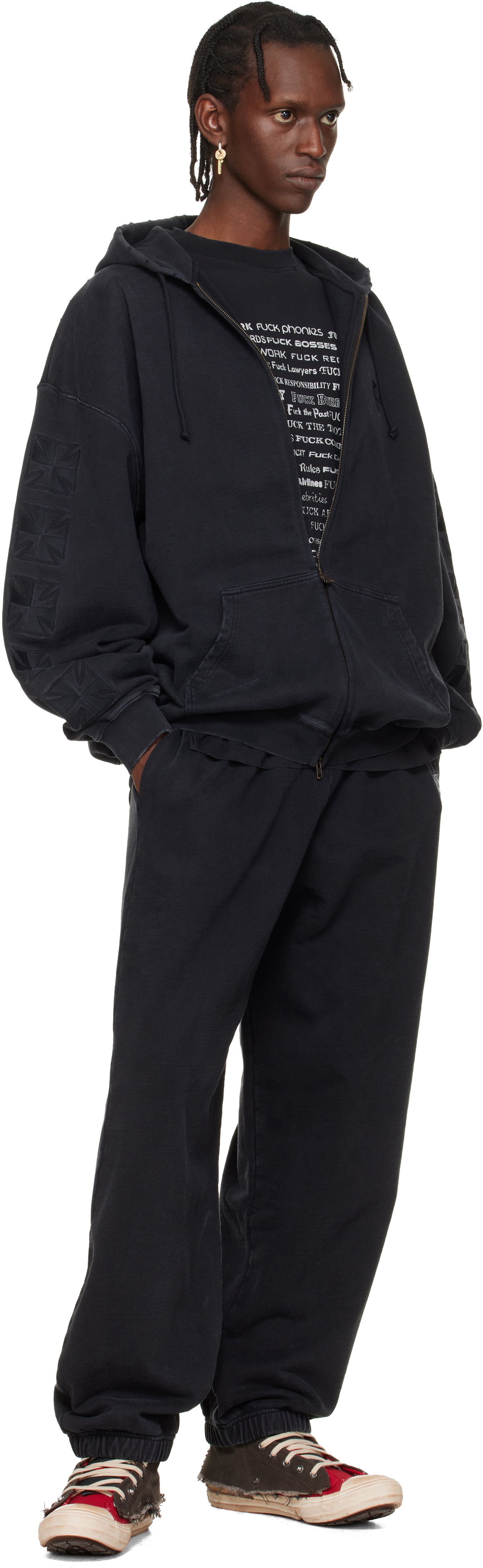 VETEMENTS Black Embroidered Biker Cross Sleeves Zip-Up Hoodie