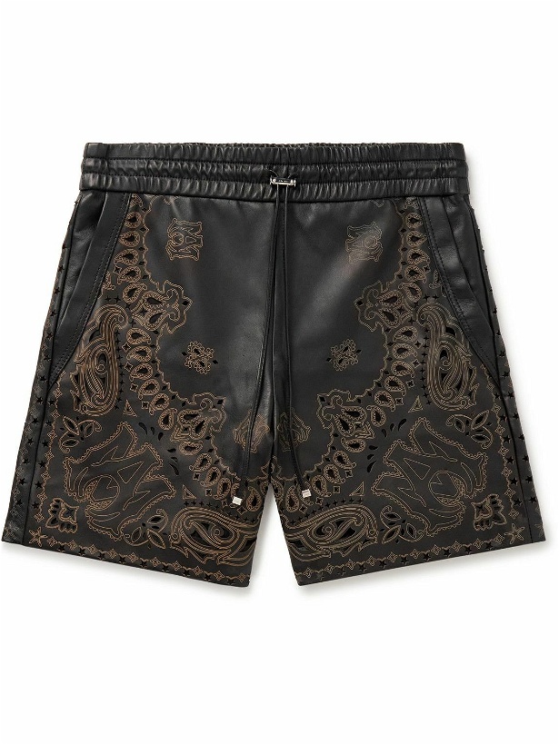 Photo: AMIRI - Straight-Leg Laser-Etched Perforated Leather Drawstring Shorts - Black