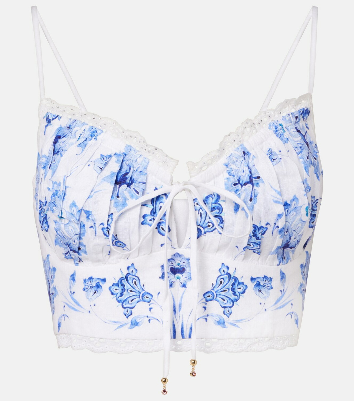 Camilla Printed lace-trimmed linen bra top