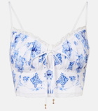 Camilla Printed lace-trimmed linen bra top