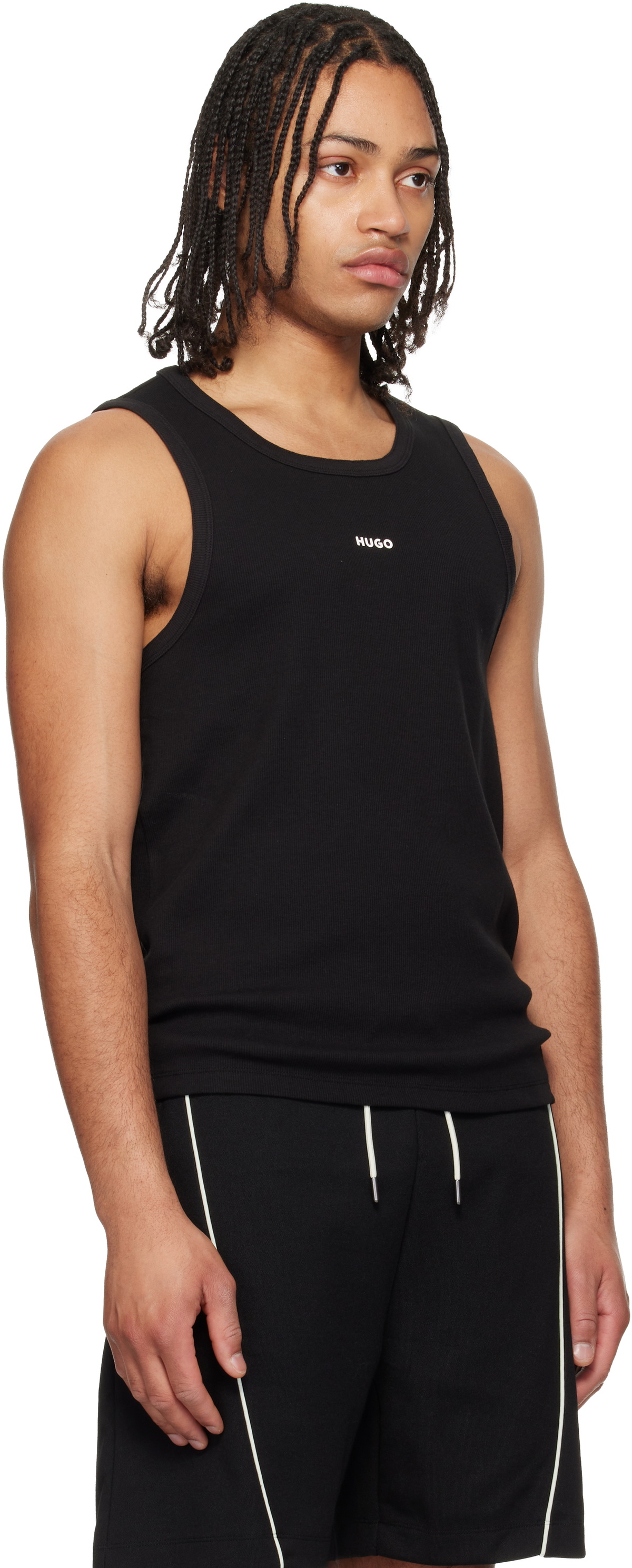 Hugo Black Contrast-Logo Slim-Fit Stretch Cotton Tank Top
