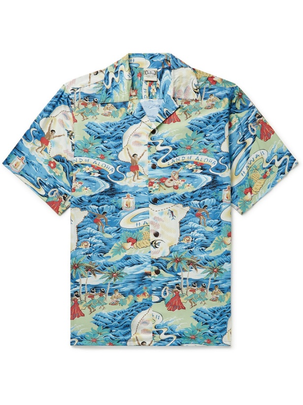 Photo: GO BAREFOOT - Land of Aloha Camp-Collar Printed Cotton Shirt - Blue - S