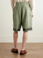 Kartik Research - Wide-Leg Pleated Embellished Embroidered Cotton Shorts - Green