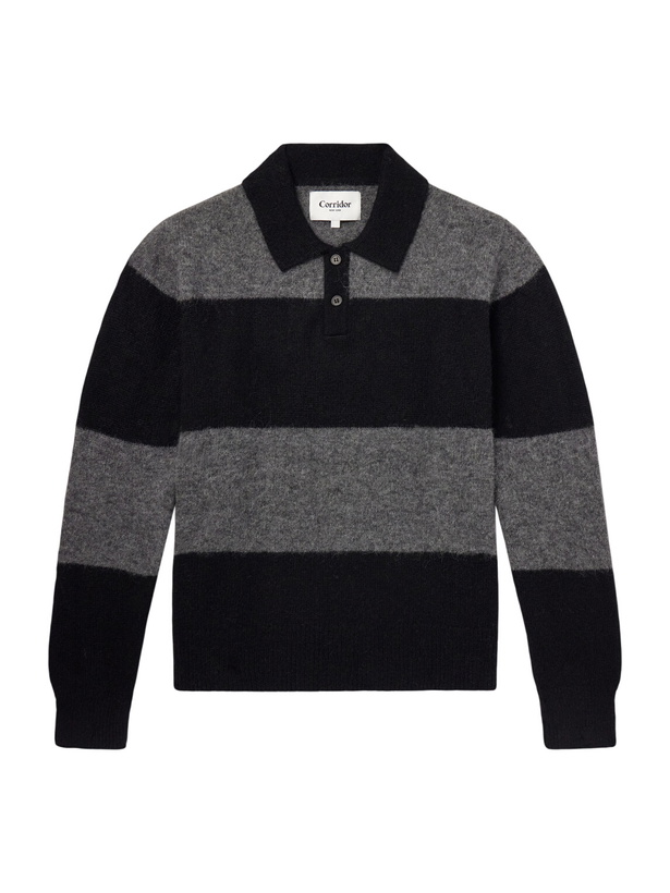 Photo: Corridor - Striped Woven Brushed Alpaca-Blend Polo Sweater - Black