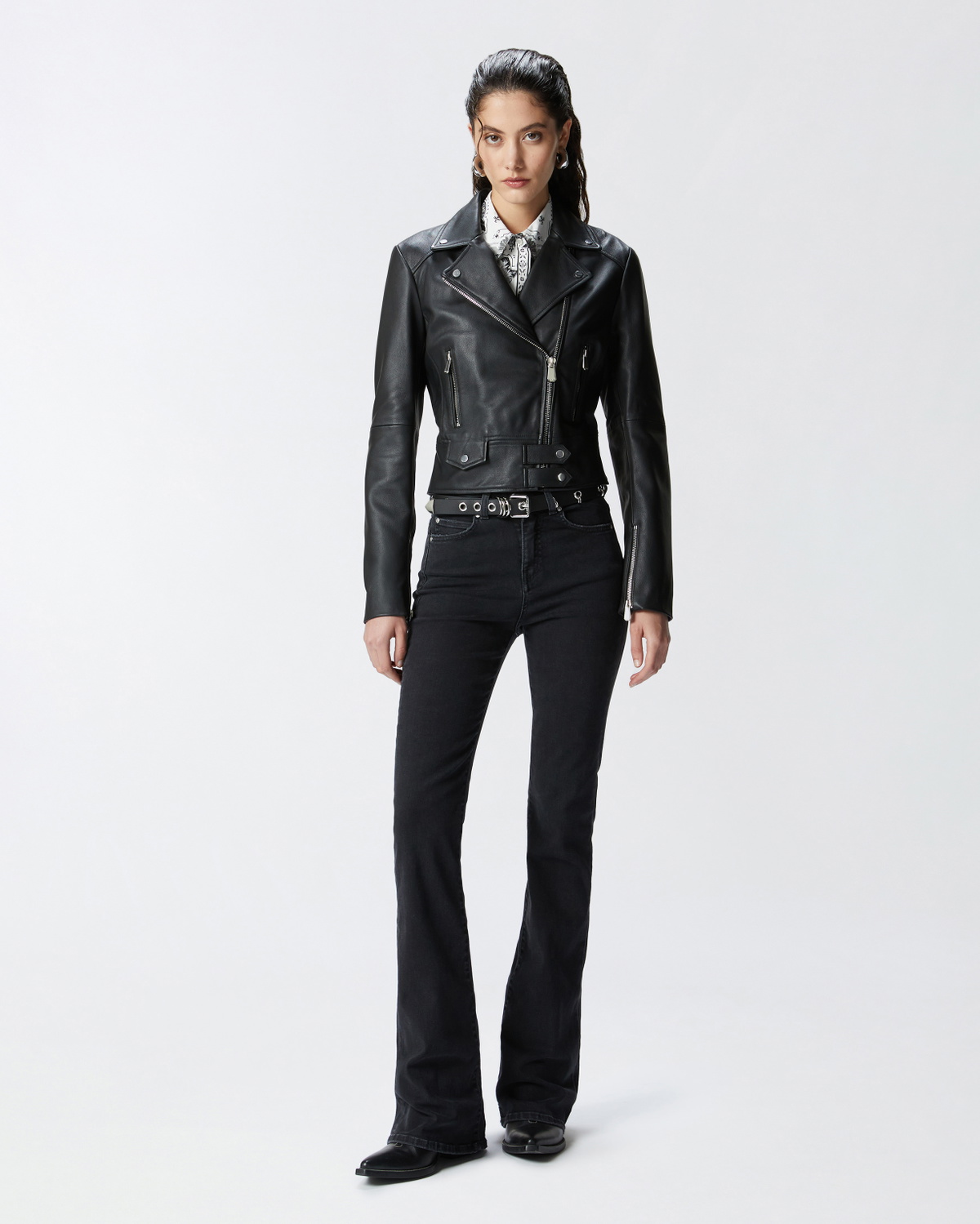 Pinko Short Zipped Nappa Leather Biker Jacket Limo Black