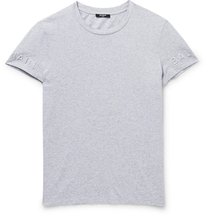 Photo: Balmain - Slim-Fit Logo-Embossed Mélange Cotton-Jersey T-Shirt - Gray