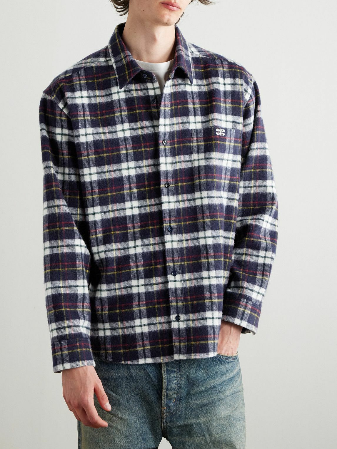 CELINE - Logo-Embroidered Checked Wool-Flannel Shirt - Blue