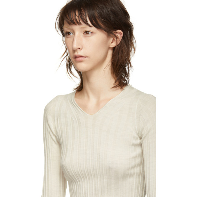 Helmut Lang White Slash Rib V-Neck Sweater Helmut Lang