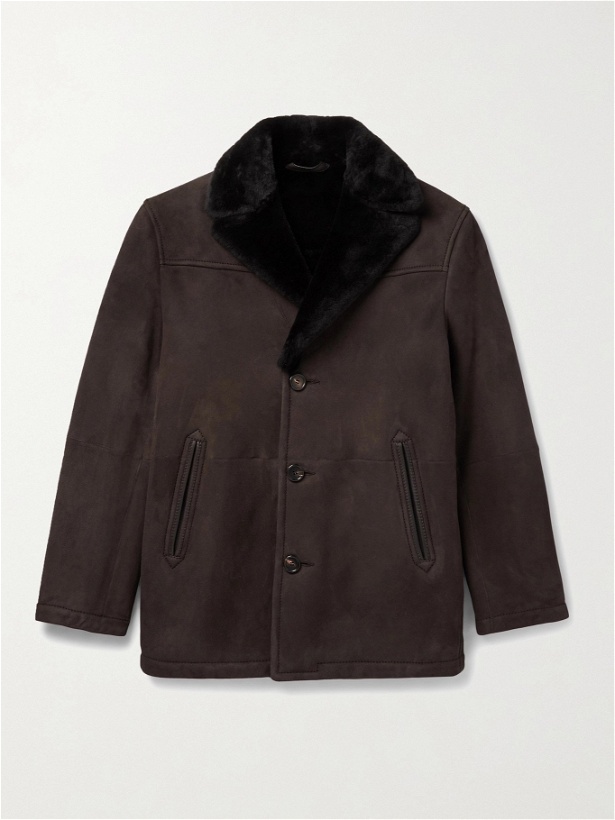 Photo: BRIONI - Slim-Fit Leather-Trimmed Shearling Jacket - Brown