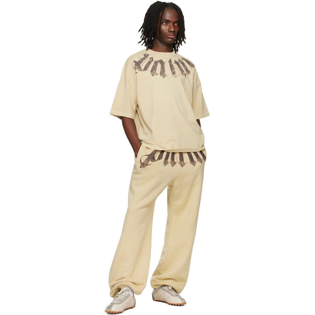 Palm Angels Beige Big Neck Logo Loose T-shirt