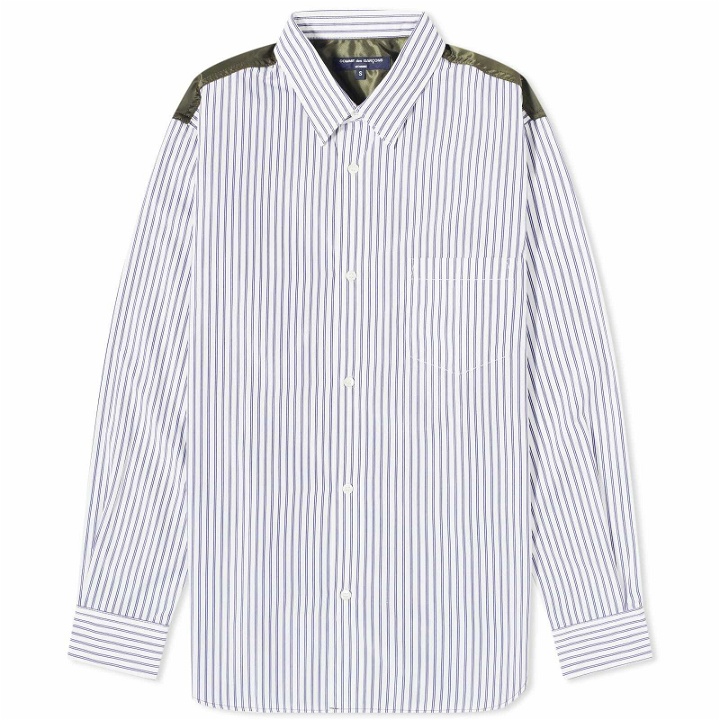Photo: Comme Des Garçons Homme Men's Cotton Stripe Nylon Panel Shirt in White/Blue/Khaki