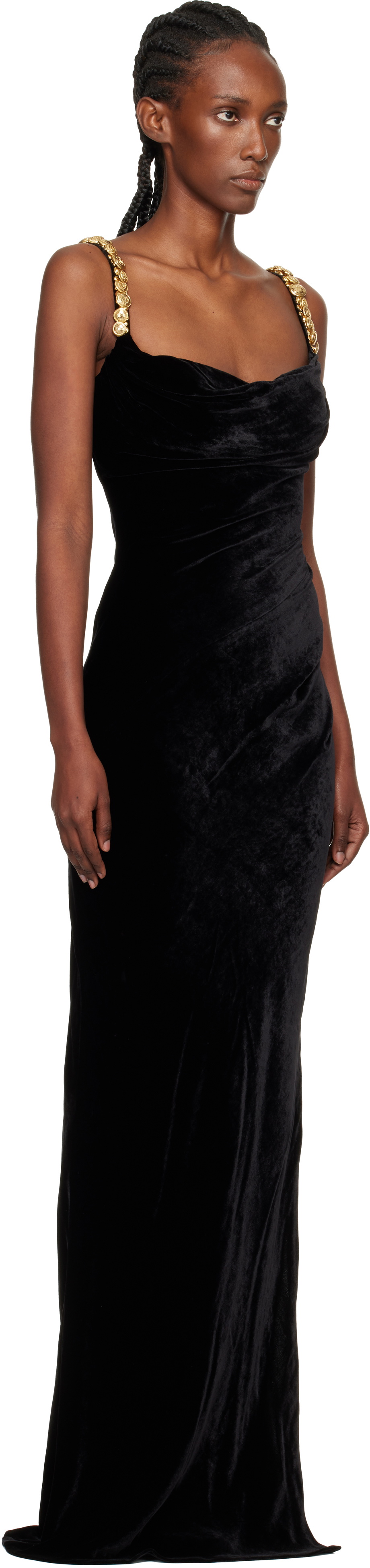 Balmain Black Embroidered Button Velvet Slit Maxi Dress