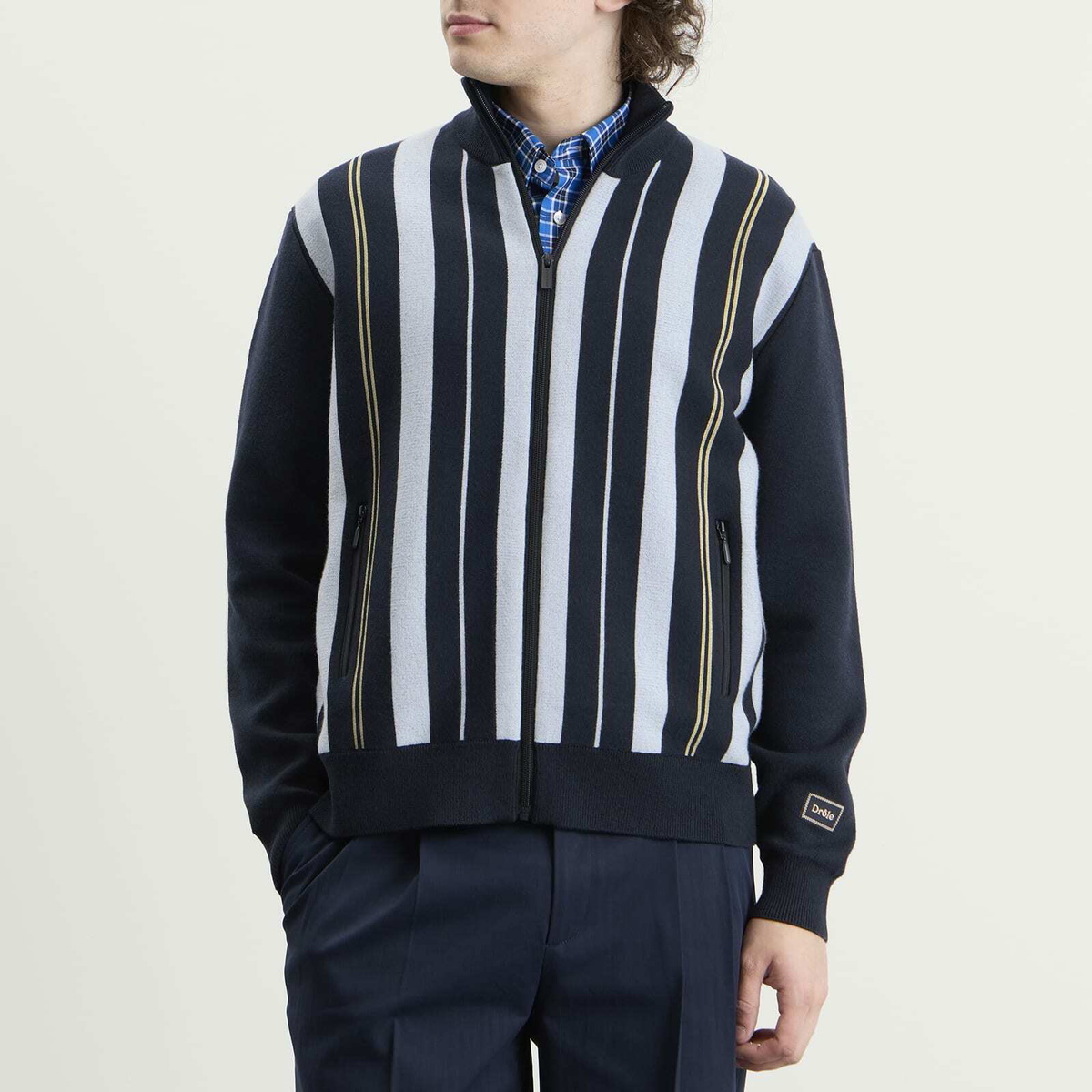 Drôle de Monsieur Men's Striped Zipped Knit Jacket in Navy
