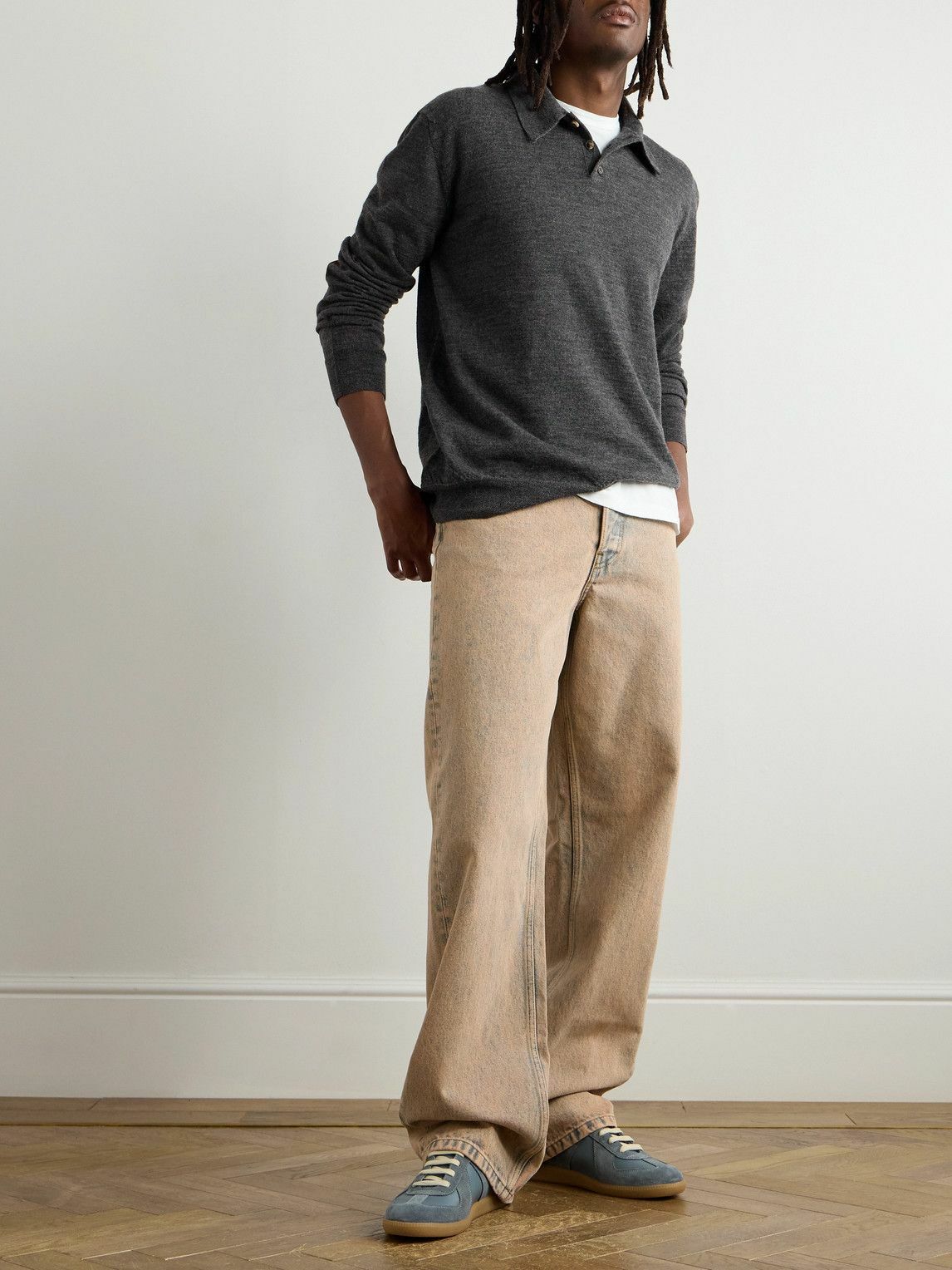 Maison Margiela - Suede-Trimmed Wool Polo Sweatshirt - Gray
