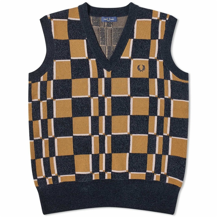 Photo: Fred Perry Men's Glitch Chequerboard Knit Vest in Shaded Stone/Navy
