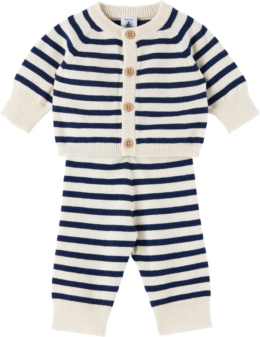 Petit Bateau Baby Off-White Stripe Cardigan & Trousers Set