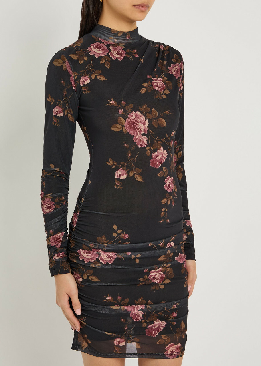 Reformation Emerson Floral-print Ruched Mesh Mini Dress Black
