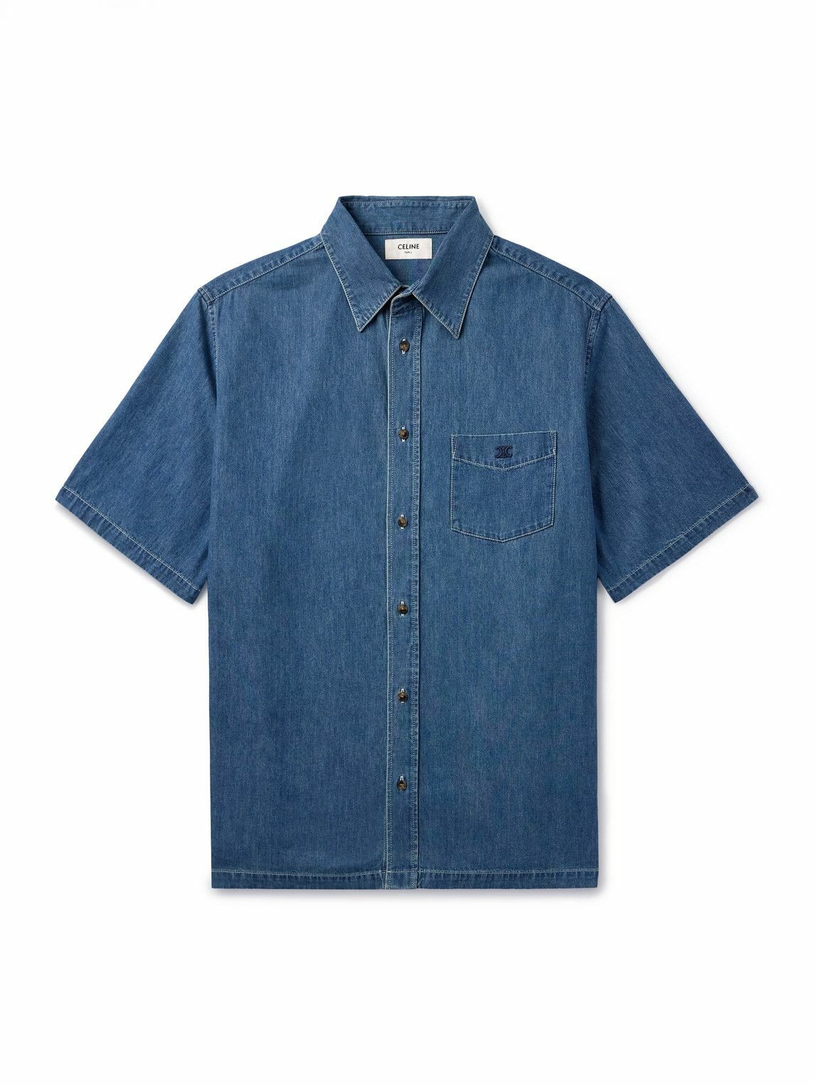 CELINE - Logo-Embroidered Denim Shirt - Blue