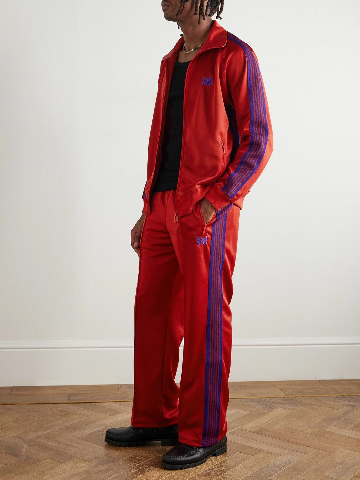Needles - Straight-Leg Webbing-Trimmed Logo-Embroidered Jersey Track Pants - Red
