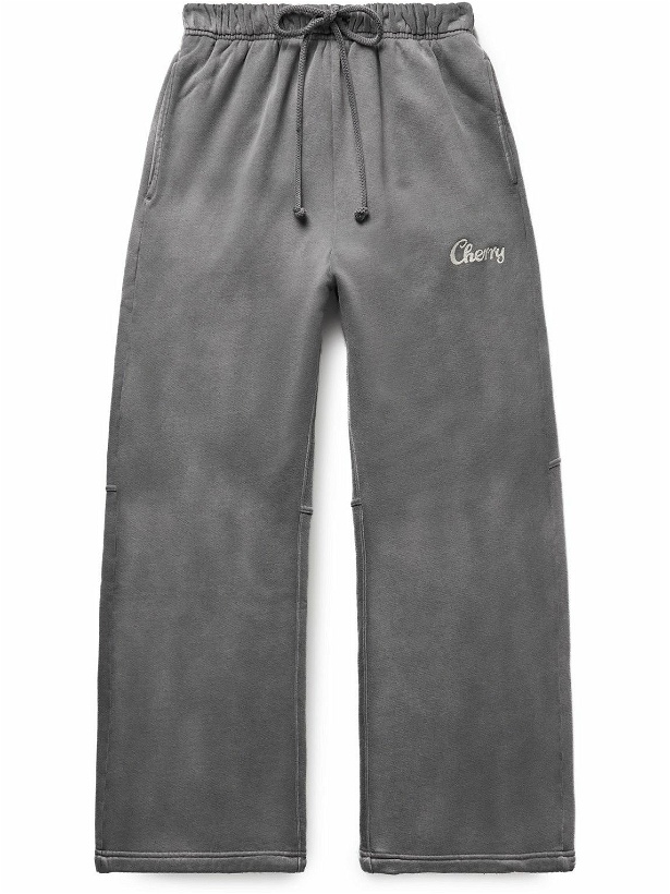 Photo: CHERRY LA - Straight-Leg Logo-Embroidered Cotton-Jersey Sweatpants - Gray
