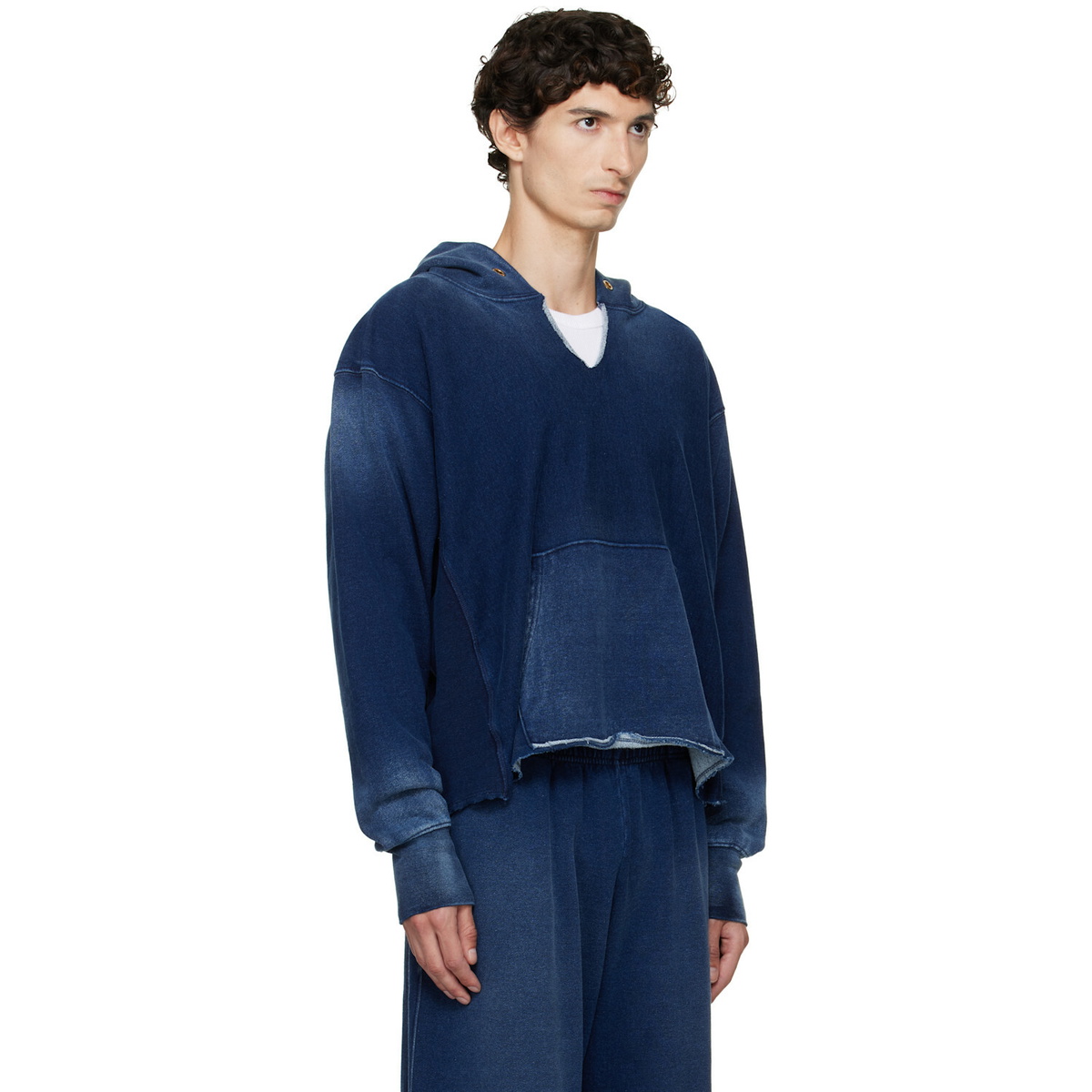 Les Tien Navy Heavyweight Raw Cropped Hoodie