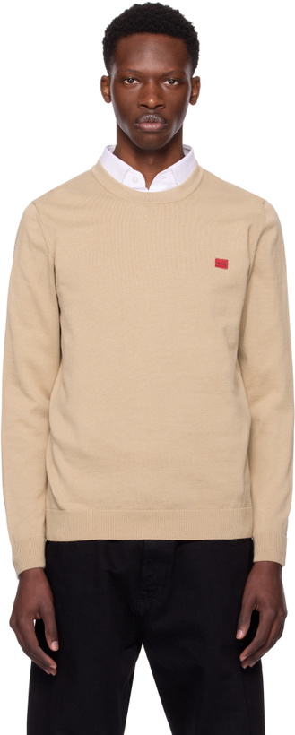 Photo: Hugo Beige Knitted Cotton Red Logo Label Sweater