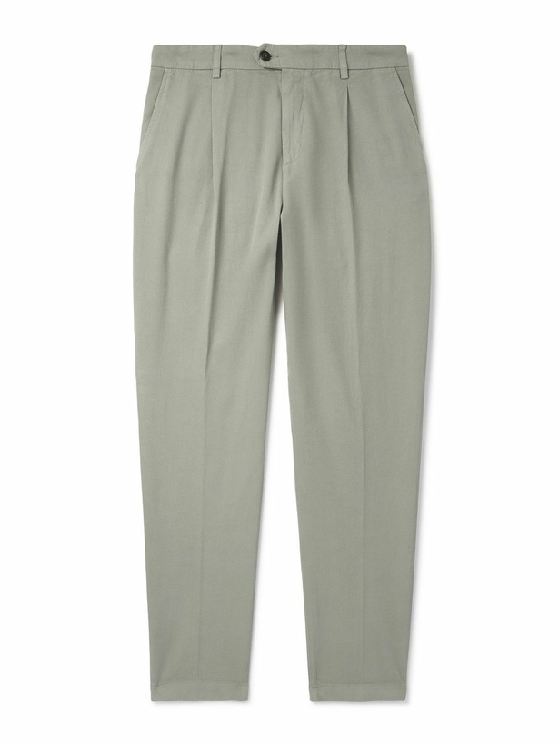 Photo: Eleventy - Tapered Pleated Stretch Cotton and Lyocell-Blend Twill Trousers - Gray