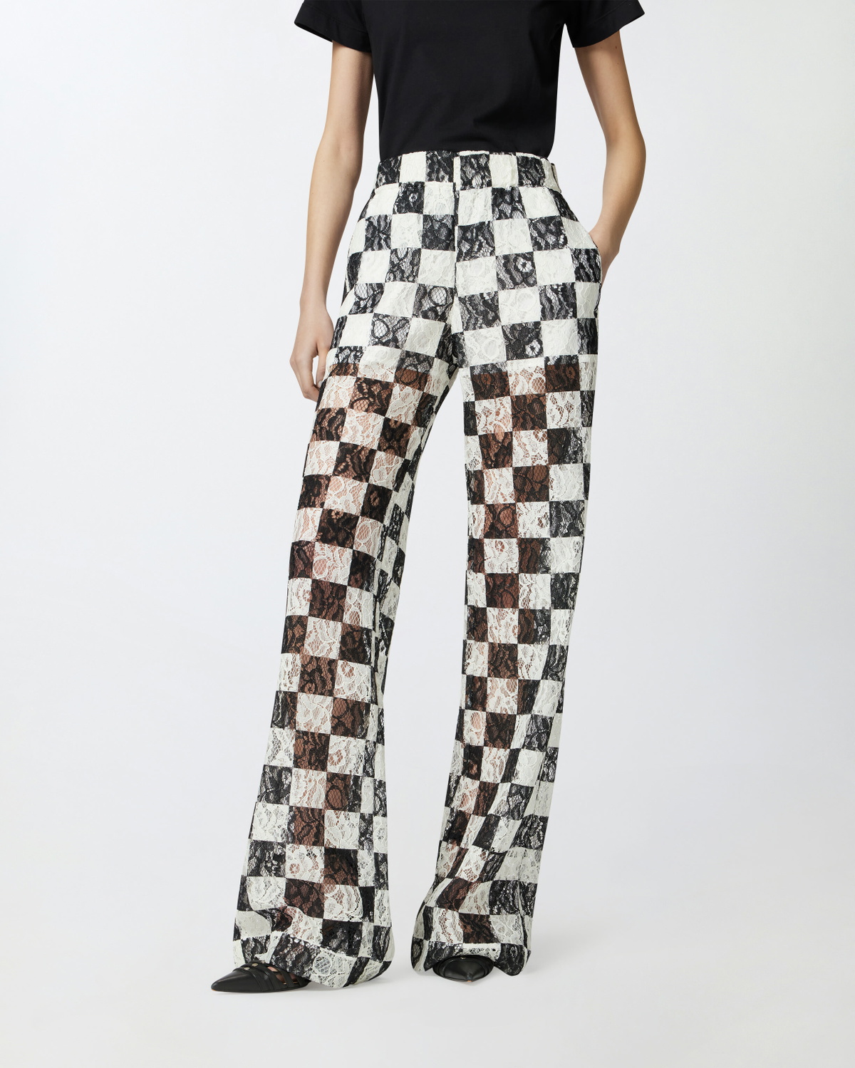 Pinko Wide Leg Lace Trousers With Check Pattern White/Black