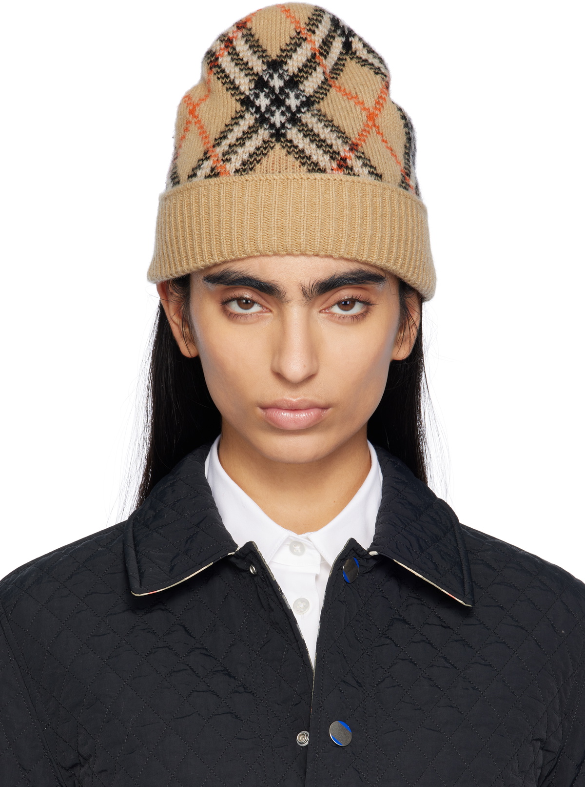 ニットキャップ・ビーニー BURBERRY WOOL AND CASHMERE BLEND BEANIE Authentic BURBERRY Knit Cap Hat Beanie Intarsia Camel Beige