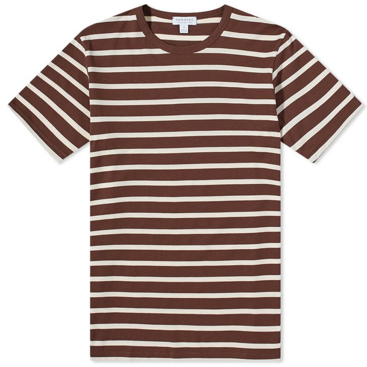 Photo: Sunspel Men's Breton Stripe T-Shirt in Cocoa/Ecru Breton Stripe