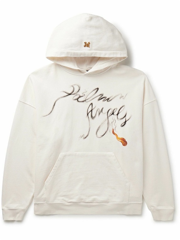 Photo: Palm Angels - Foggy Logo-Print Cotton-Jersey Hoodie - White