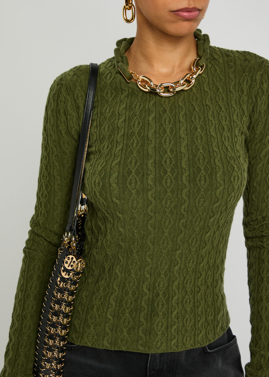 Rabanne Chain-embellished Cable-knit Jumper Khaki